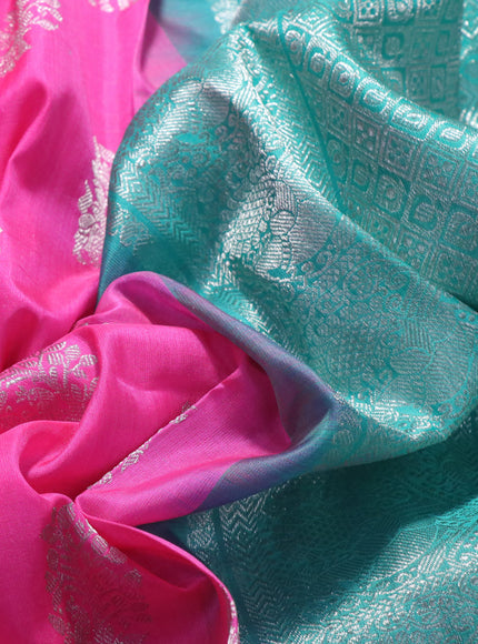 Venkatagiri silk saree candy pink and teal green shade with silver zari woven buttas and silver zari woven border