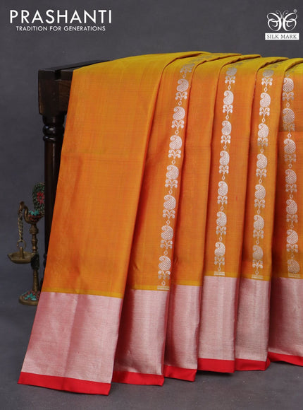 Venkatagiri silk saree dual shade of mustard and red with allover silver zari weaves and silver zari woven border