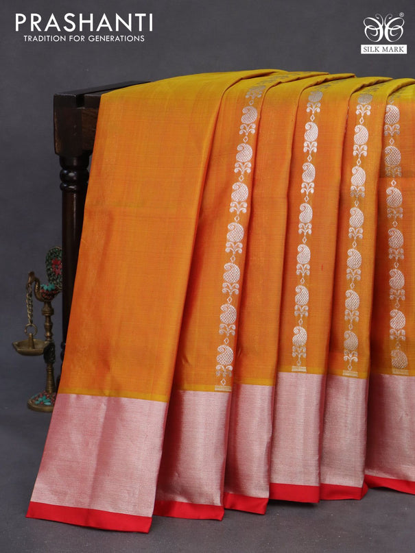 Venkatagiri silk saree dual shade of mustard and red with allover silver zari weaves and silver zari woven border