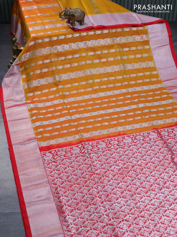 Venkatagiri silk saree dual shade of mustard and red with allover silver zari weaves and silver zari woven border