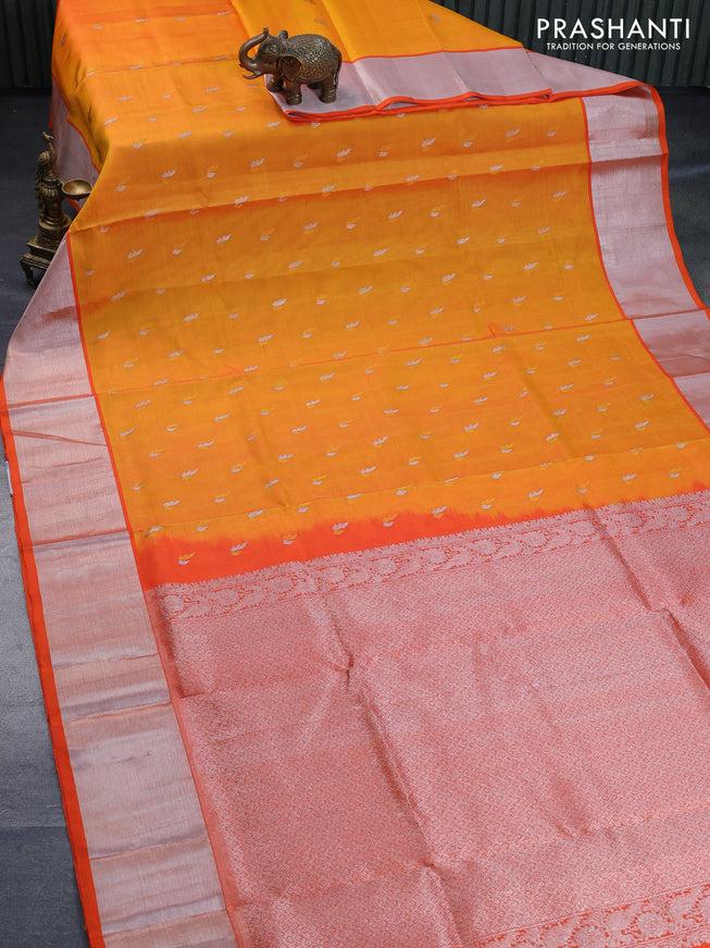 Venkatagiri silk saree mango yellow and orange with silver & gold zari woven buttas and silver zari woven border