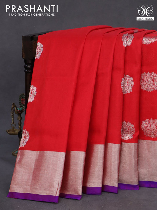 Venkatagiri silk saree red and dual shade of purple with silver zari woven buttas and silver zari woven border