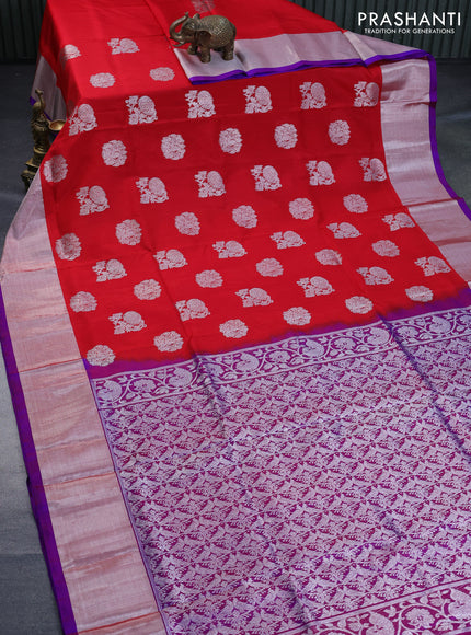 Venkatagiri silk saree red and dual shade of purple with silver zari woven buttas and silver zari woven border