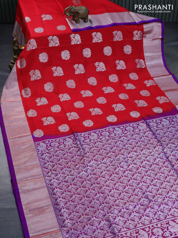 Venkatagiri silk saree red and dual shade of purple with silver zari woven buttas and silver zari woven border