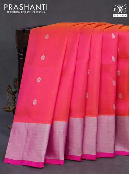 Venkatagiri silk saree dual shade of pinkish orange and pink with silver zari woven buttas and silver zari woven border