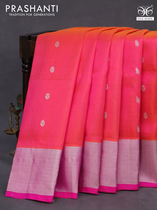 Venkatagiri silk saree dual shade of pinkish orange and pink with silver zari woven buttas and silver zari woven border