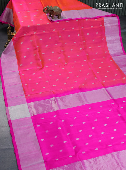 Venkatagiri silk saree dual shade of pinkish orange and pink with silver zari woven buttas and silver zari woven border