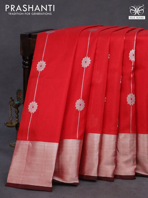 Venkatagiri silk saree red and black with allover silver zari weaves and silver zari woven border