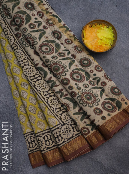 Chanderi bagru saree lime yellow and brown with allover butta prints and printed maheshwari border