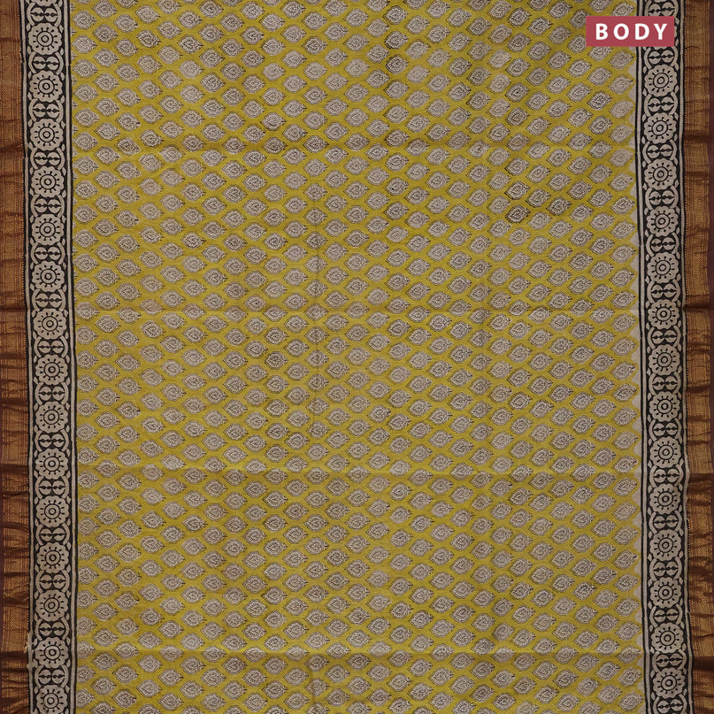 Chanderi bagru saree lime yellow and brown with allover butta prints and printed maheshwari border