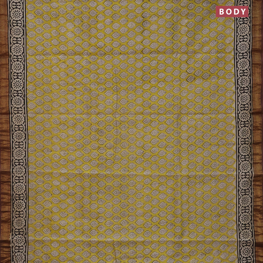 Chanderi bagru saree lime yellow and brown with allover butta prints and printed maheshwari border