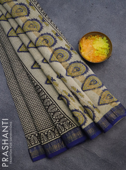 Chanderi bagru saree beige and blue with allover checked pattern and maheshwari border