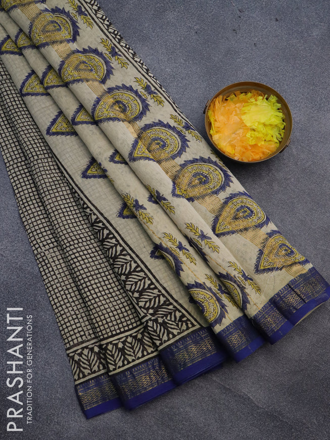 Chanderi bagru saree beige and blue with allover checked pattern and maheshwari border