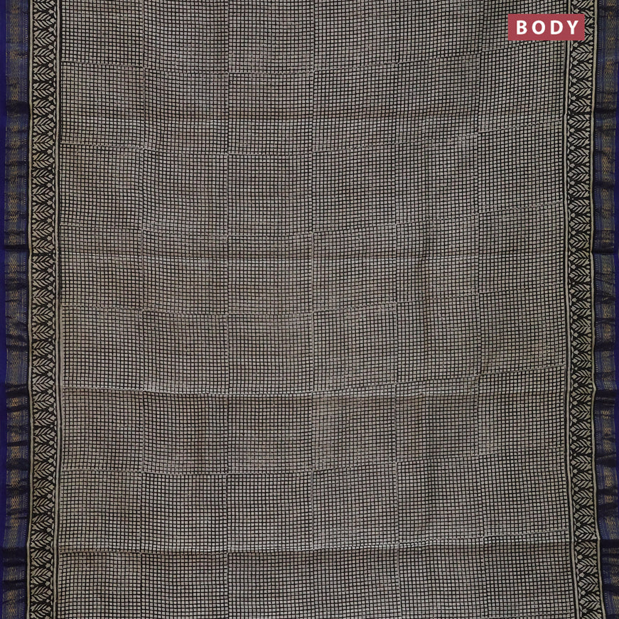 Chanderi bagru saree beige and blue with allover checked pattern and maheshwari border