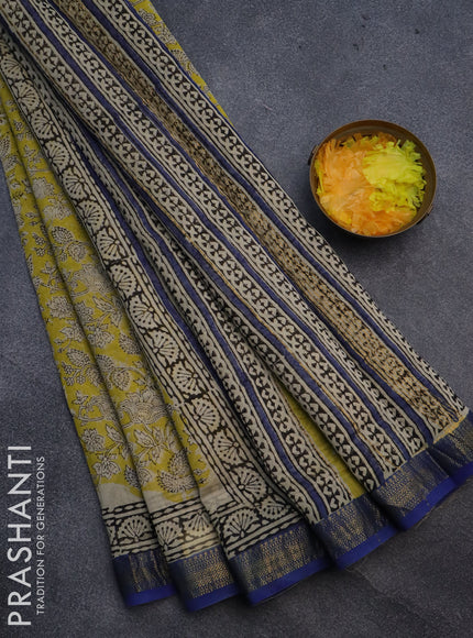 Chanderi bagru saree yellow and blue with allover kalamkari prints and maheshwari border