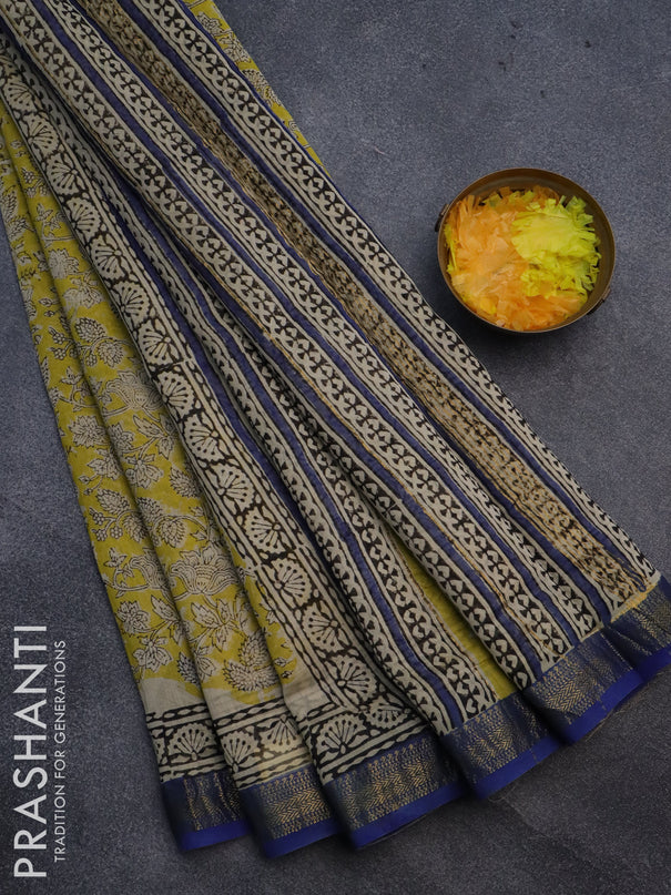 Chanderi bagru saree yellow and blue with allover kalamkari prints and maheshwari border