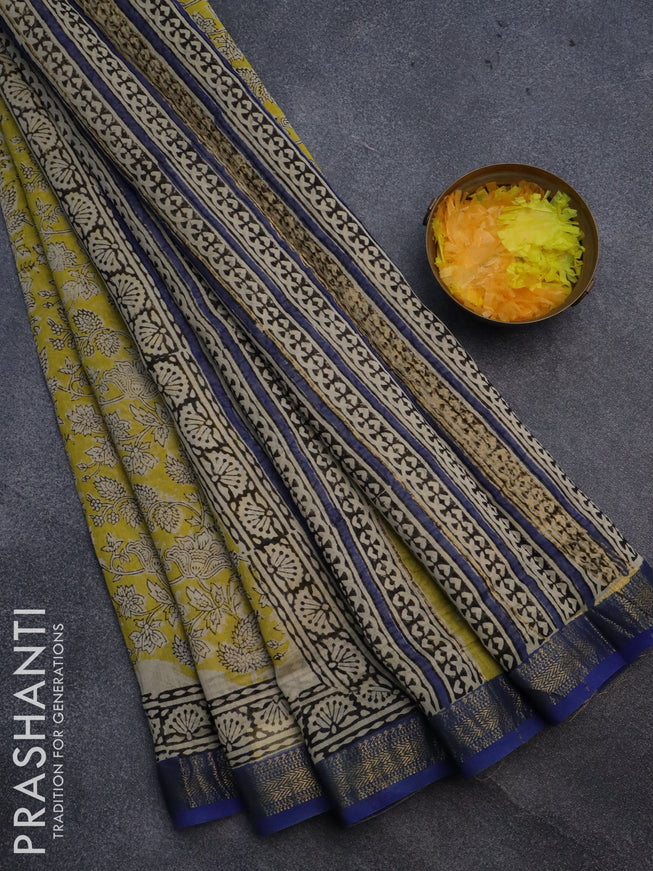 Chanderi bagru saree yellow and blue with allover kalamkari prints and maheshwari border