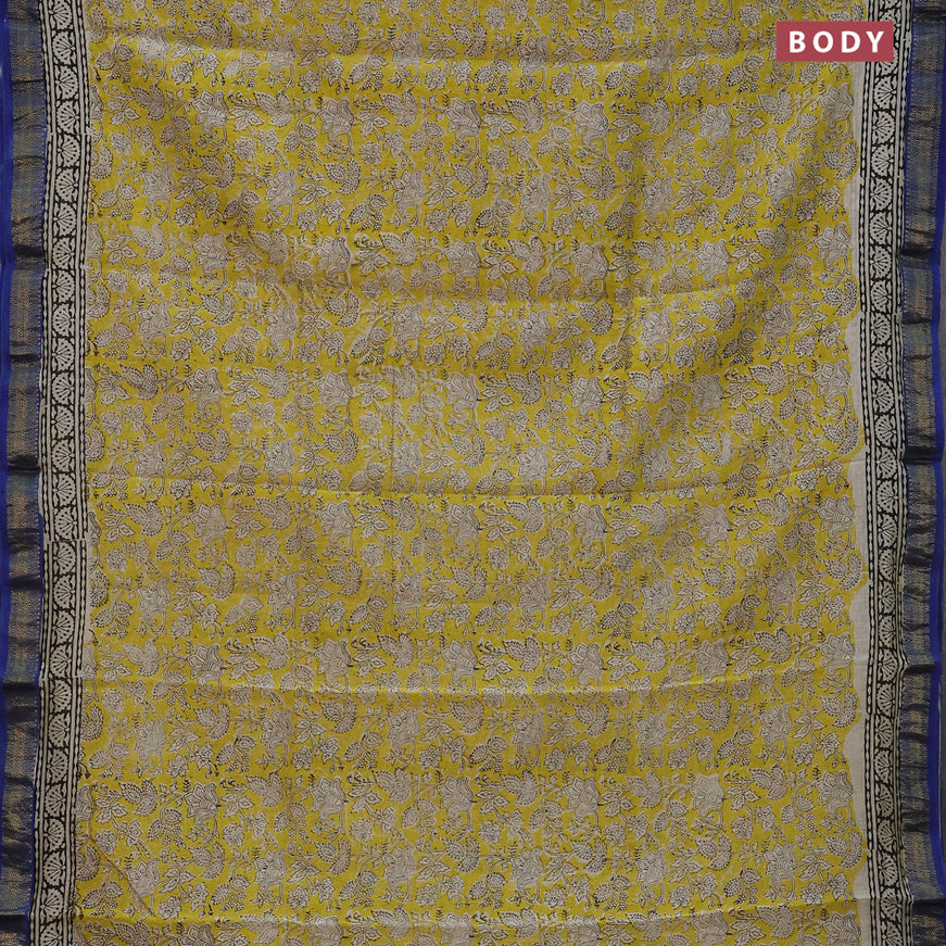 Chanderi bagru saree yellow and blue with allover kalamkari prints and maheshwari border