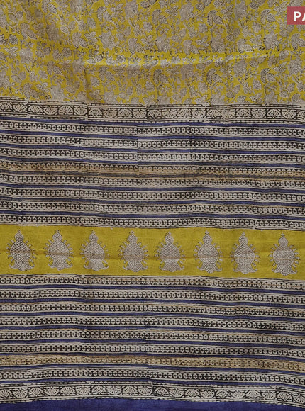 Chanderi bagru saree yellow and blue with allover kalamkari prints and maheshwari border