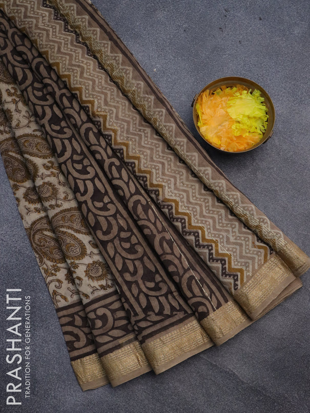 Chanderi bagru saree beige with allover kalamkari prints and maheshwari border