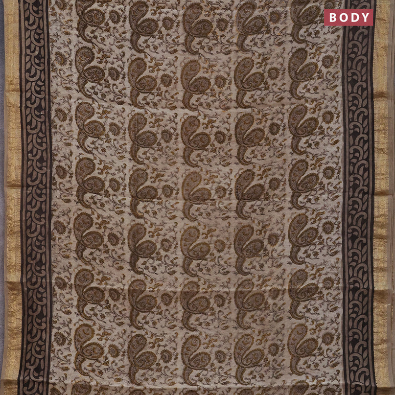 Chanderi bagru saree beige with allover kalamkari prints and maheshwari border