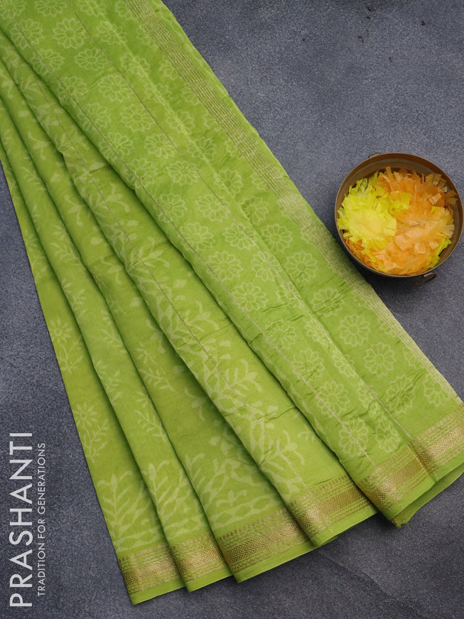 Chanderi bagru saree fluorescent green with butta prints and maheshwari border