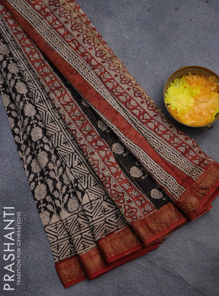 Chanderi bagru saree black and red with allover prints and maheshwari border