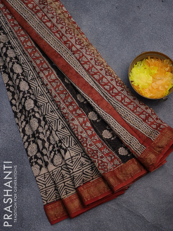 Chanderi bagru saree black and red with allover prints and maheshwari border