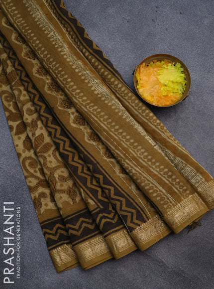 Chanderi bagru saree mustard shade with allover prints and maheshwari border