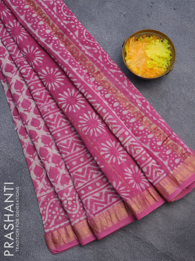 Chanderi bagru saree pink with allover batik prints and maheshwari border