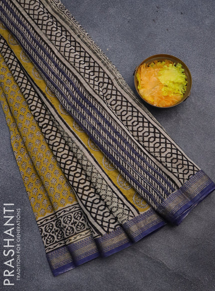 Chanderi bagru saree yellow and blue with allover butta prints and maheshwari border