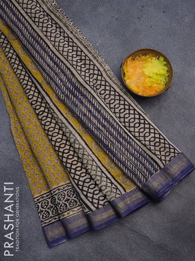 Chanderi bagru saree yellow and blue with allover butta prints and maheshwari border