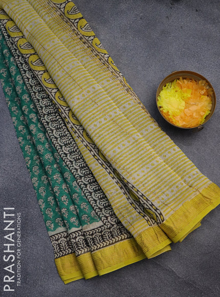 Chanderi bagru saree green and lime yellow with allover floral butta prints and maheshwari border