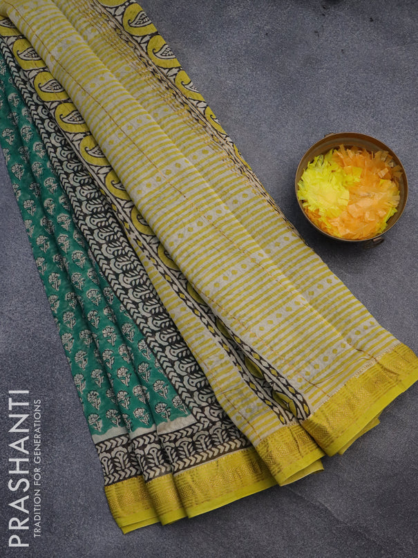 Chanderi bagru saree green and lime yellow with allover floral butta prints and maheshwari border