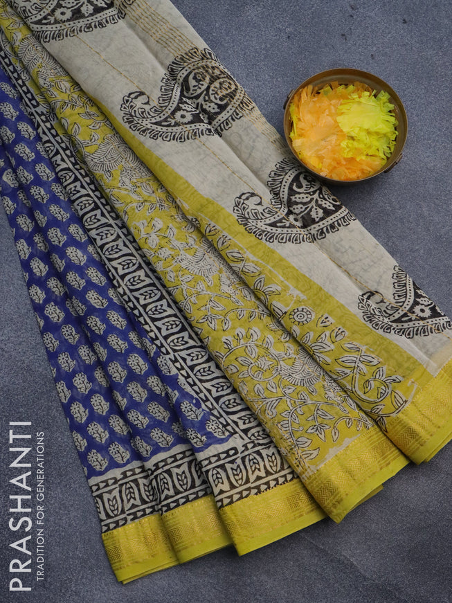 Chanderi bagru saree blue and lime yellow with allover floral butta prints and maheshwari border