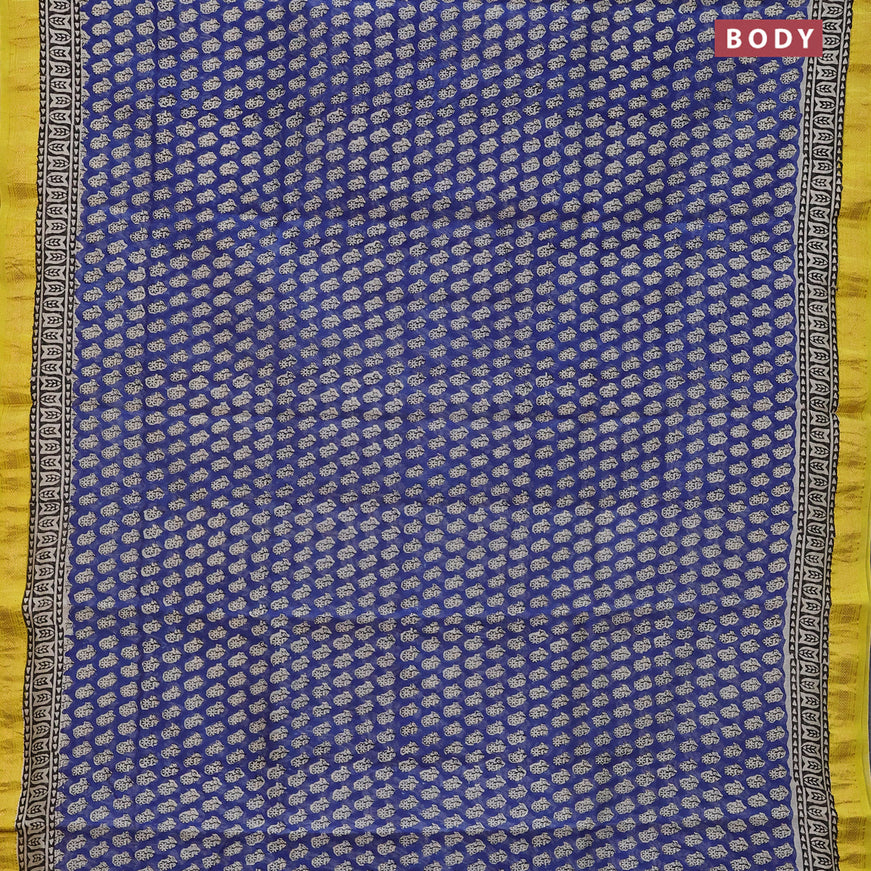 Chanderi bagru saree blue and lime yellow with allover floral butta prints and maheshwari border