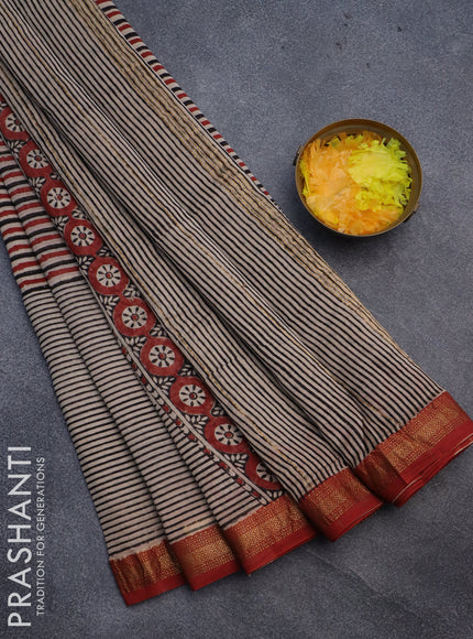 Chanderi bagru saree beige and red shade with allover prints and maheshwari border