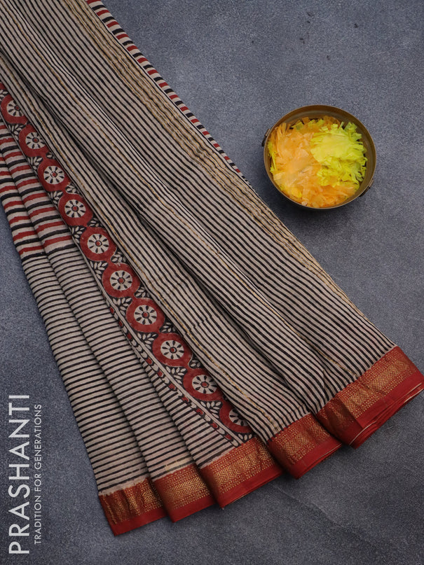 Chanderi bagru saree beige and red shade with allover prints and maheshwari border