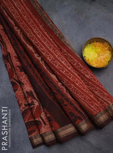 Chanderi bagru saree rust shade and deep maroon with allover prints and maheshwari border