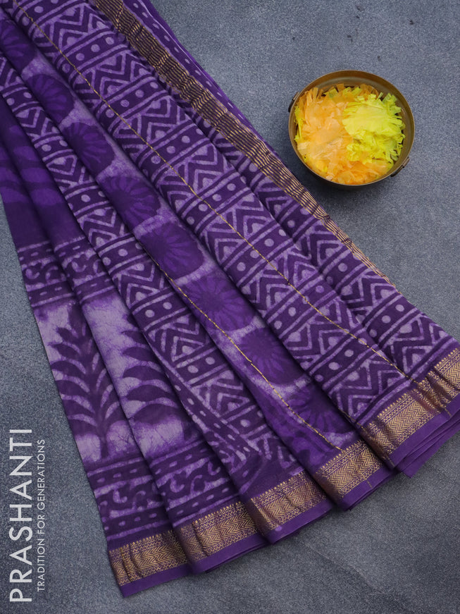 Chanderi bagru saree violet with allover batik prints and maheshwari border