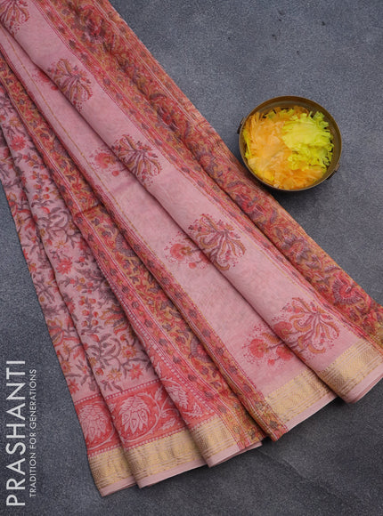 Chanderi bagru saree peach pink and peach orange with allover prints and maheshwari border