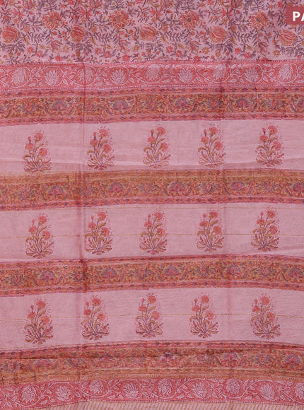 Chanderi bagru saree peach pink and peach orange with allover prints and maheshwari border