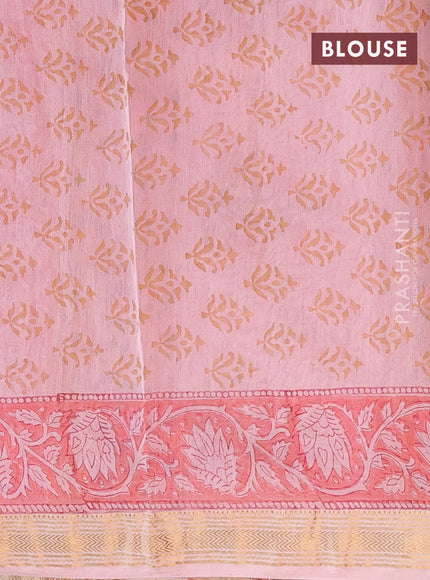 Chanderi bagru saree peach pink and peach orange with allover prints and maheshwari border