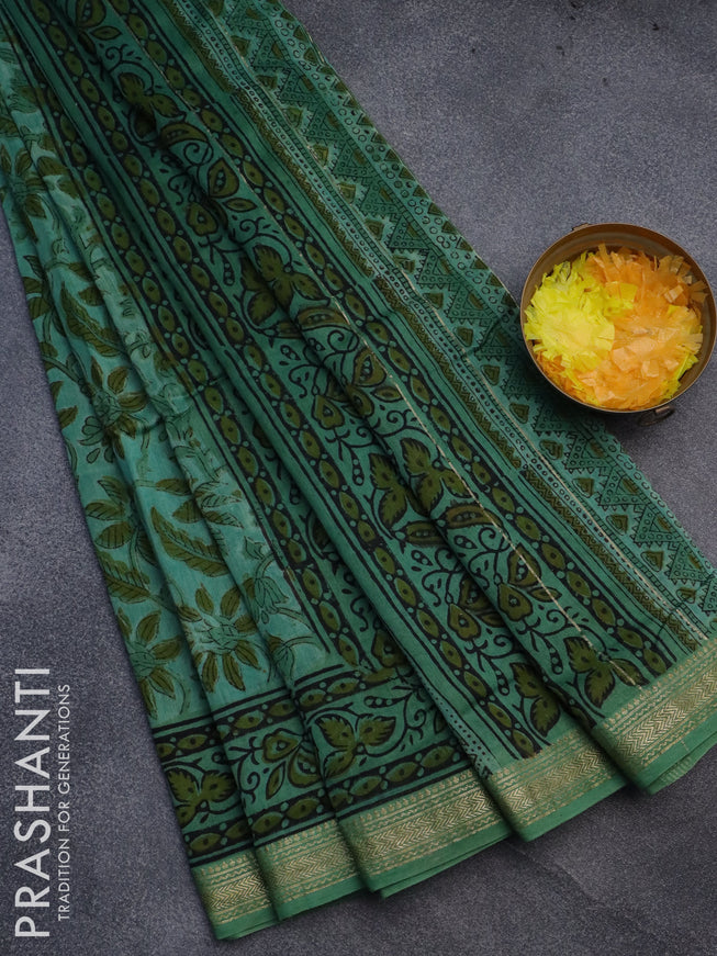 Chanderi bagru saree green and black with allover kalamkari prints and maheshwari border