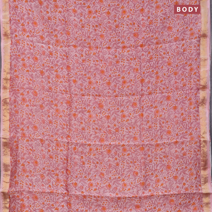 Chanderi bagru saree peach pink with allover kalamkari prints and maheshwari border