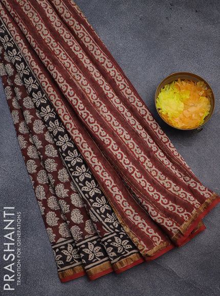 Chanderi bagru saree brown and rust shade with allover floral butta prints and small zari woven border