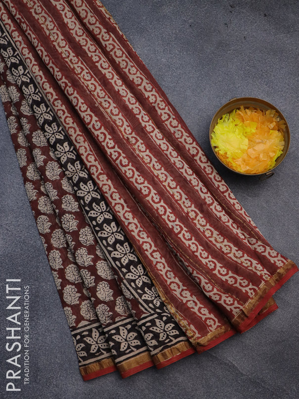 Chanderi bagru saree brown and rust shade with allover floral butta prints and small zari woven border