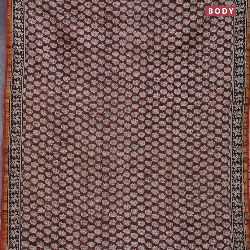 Chanderi bagru saree brown and rust shade with allover floral butta prints and small zari woven border