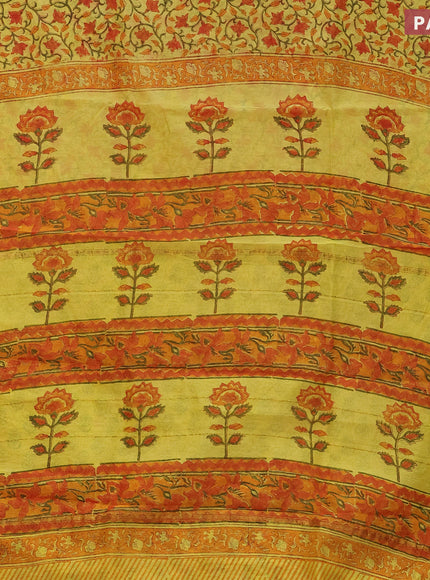 Chanderi bagru saree yellow and orange with allover floral prints and small zari woven border