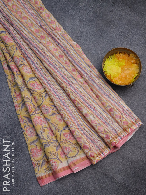 Chanderi bagru saree yellow and light pink with allover floral prints and small zari woven border